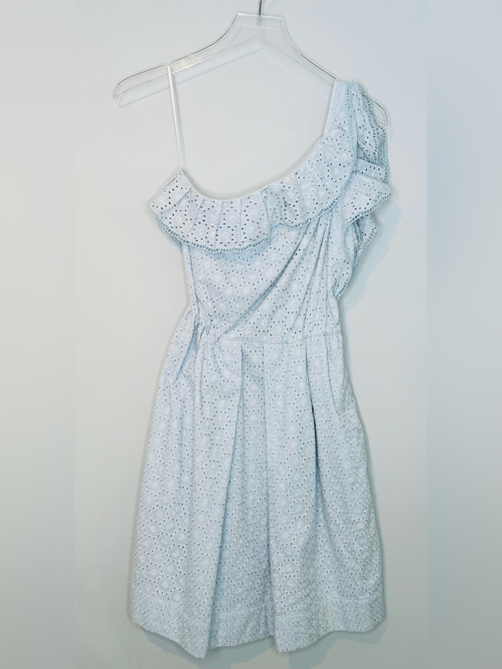 See By Chloe One-Shoulder Light Blue Eyelet Mini Dress